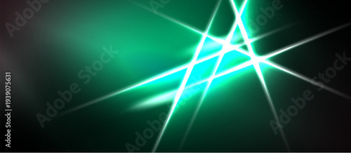 Abstract green light streaks radiate from center. Dark background creates dramatic visual effect. Brightness emphasizes energy, motion.