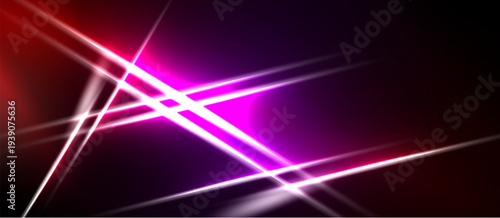 Abstract background features vibrant lines, gradients. Purple, red hues dominate dark space. Dynamic energy radiates from bright streaks.