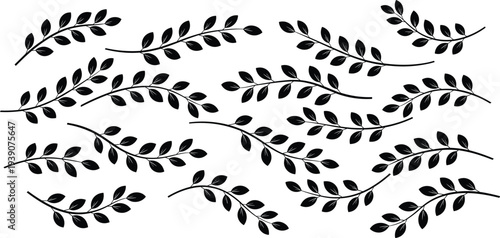 Collection of black leaf branches and foliage silhouettes isolated on white background for botanical design nature patterns and decorative borders