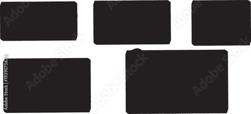 A digital artwork featuring five black rectangles on a white background with varying sizes and imperfect edges