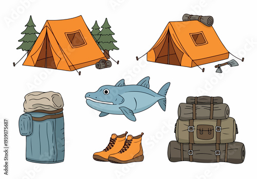 Camping gear and outdoor equipment illustration on a white background from a top-down viewpoint
