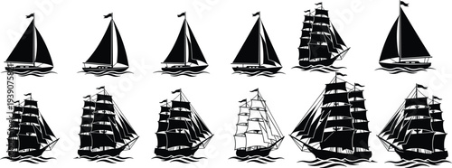 Sailing ships and sailboats silhouettes nautical maritime vessels sea travel cad drawing flat vector illustration collection