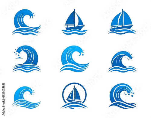 Collection of stylized ocean waves and sailboats in shades of blue (1)