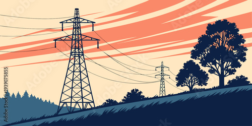 Power lines stretching across a serene sunset landscape with trees