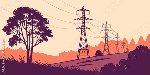 Power lines stretching across a serene landscape under a dramatic sunset sky