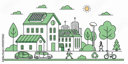 A peaceful suburban neighborhood showcasing modern and traditional homes with greenery and activities.