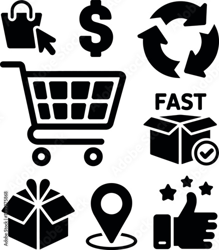 A collection of black icons representing online shopping and delivery on a white background