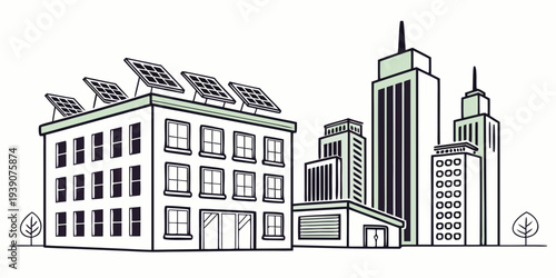 A whimsical illustration of buildings with green rooftops in a cityscape setting