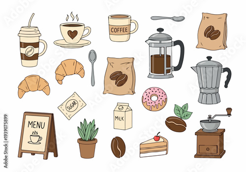 Assorted Coffee Shop Items and Pastries Displayed on a White Background from a Top-Down Viewpoint