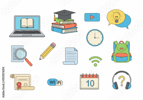 Education icons collection featuring digital tools and learning materials