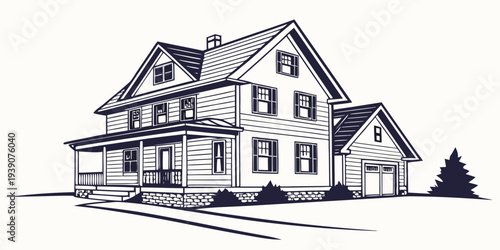 A charming two-story house with a welcoming porch and a well-manicured lawn.