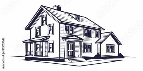 A charming two-story house with a welcoming front porch and a small garage.