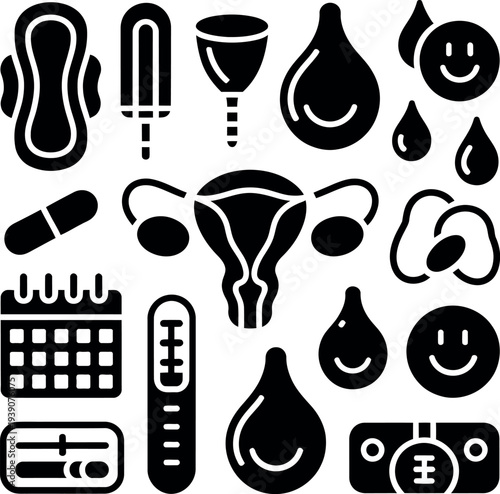 A collection of black and white icons representing various menstrual products and female reproductive health symbols.