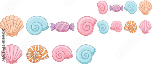 Seashell candy pastel ocean elements set beach summer marine cad drawing flat vector illustration collection