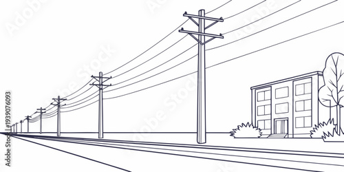 Rural power lines stretching alongside a quiet road with a building in the distance