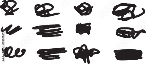 A collection of abstract black brush strokes on a white background forming various shapes and patterns