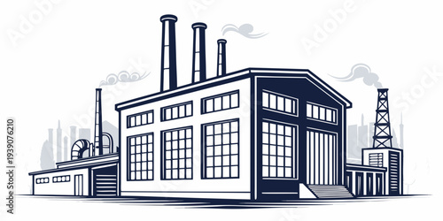 A detailed illustration of an industrial factory with multiple chimneys and buildings