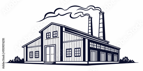 A large industrial building with smoke billowing from its chimneys