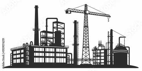 A detailed illustration of a bustling industrial cityscape with various buildings and machinery.