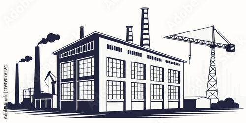 An industrial facility with a radio tower and smokestacks in the background