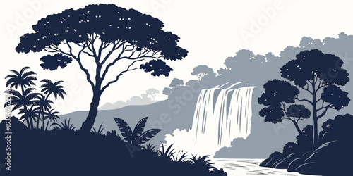 A serene landscape featuring a waterfall amidst lush trees and foliage.