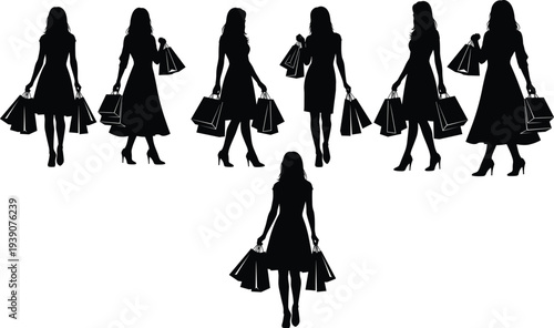 shopping woman silhouettes set, female shopper with bags collection, fashion retail shopping poses vector illustration, stylish consumer lifestyle concept
