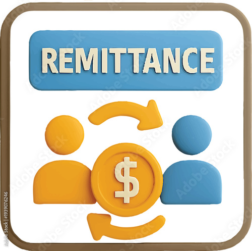 A 3D remittance icon with people exchanging money on transparent background