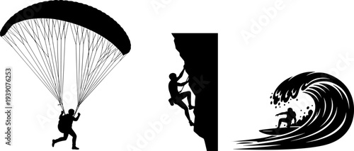 Silhouetted extreme sports athletes parachuting, rock climbing, surfing wave, adventurous outdoor activity illustration, dynamic motion vector art, adrenaline sports lifestyle concept design