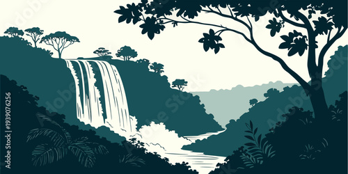 A majestic waterfall cascading down a lush green mountain into a serene pool below