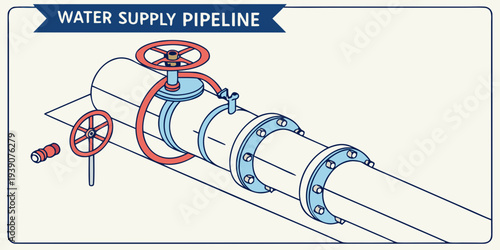 Illustration of a water supply pipeline system with valves and joints