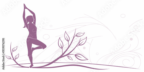 Silhouette of a person performing a yoga pose on a branch with leaves