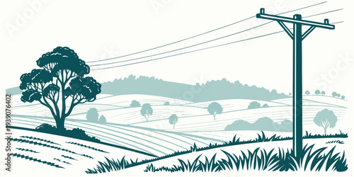 Rural landscape with power lines and rolling fields under a clear sky