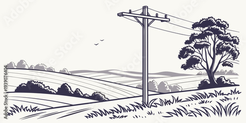 Old railway tracks running through a rural countryside landscape with power lines.