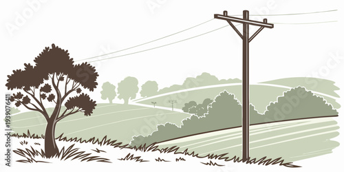 A serene rural landscape featuring a lone utility pole amidst a tranquil countryside.
