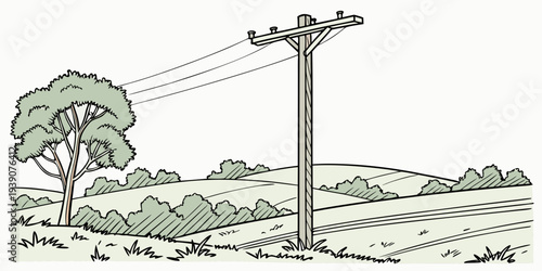 Rural power line tower standing amidst a peaceful countryside landscape with trees and open fields.