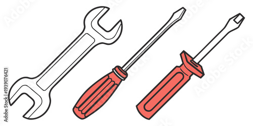 Three different types of tools including a wrench, a flathead screwdriver, and a phillips screwdriver.
