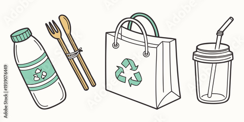 Eco-friendly meal on the go with reusable items and a shopping tote bag