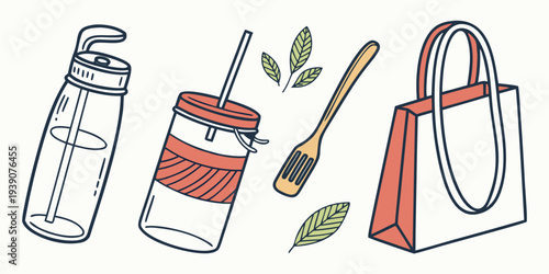 Illustrated set of items for making and carrying iced tea on the go