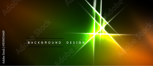 Vibrant green, orange gradient. Bright light streaks intersect center. Text reads background design. Modern abstract visual.