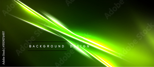 Vibrant green energy streaks across black background. Dynamic light creates futuristic visual effect. Modern design element.