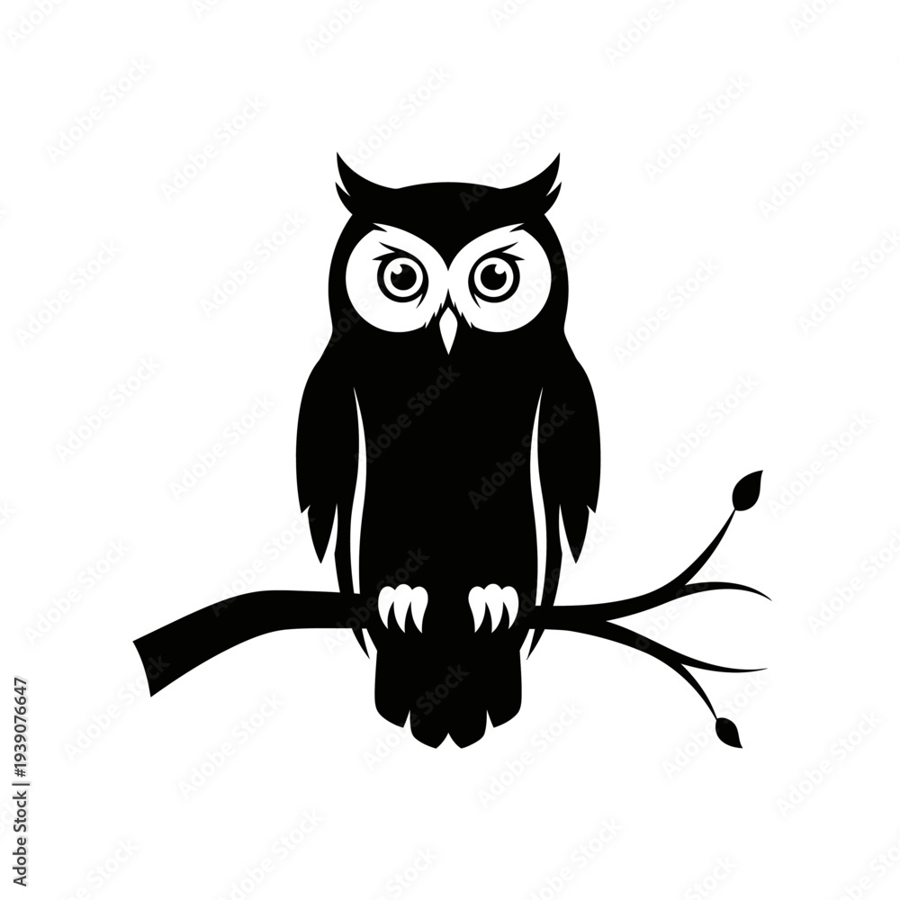 Obraz premium Black silhouette of an owl perched on a tree branch against white background.