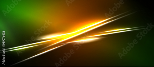 Abstract energy lines intersect. Vivid orange, green hues dominate dark background. Bright streaks suggest motion, power.