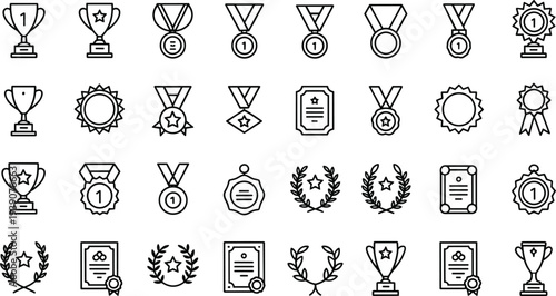 Collection of professional line icons featuring trophies medals laurel wreaths and certificates for business success achievement victory and first place awards.