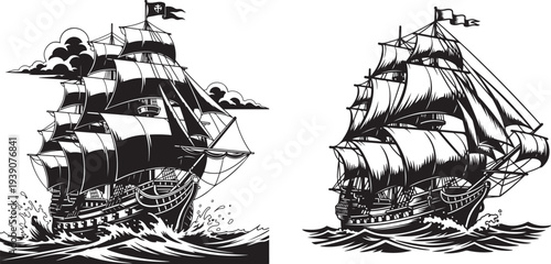 Old sailing ships on waves vintage marine vessel vector illustration antique galleons ocean adventure pirate voyage