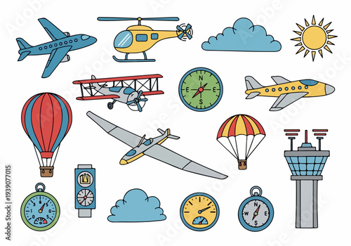 Collection of airplanes, helicopters, and hot air balloons with clocks and stopwatches in a whimsical illustration depicting various modes of air travel and timekeeping devices
