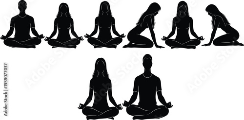 yoga meditation silhouettes collection, people practicing lotus pose yoga, mindfulness relaxation fitness exercise figures, cad drawing flat vector illustration