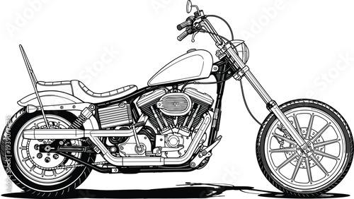 Custom Chopper Motorcycle Vector Illustration with Extended Front Forks Vintage Biker Culture Style Line Art Design on a White Background