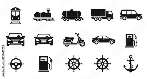 Collection of various transportation icons including train car truck and scooter.