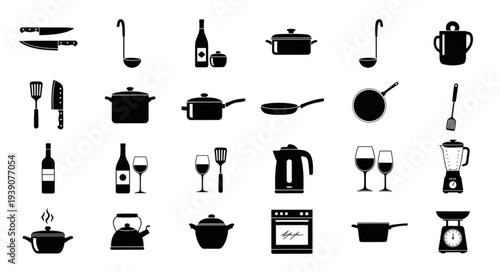 Collection of kitchen utensils and cookware silhouettes for cooking and dining.