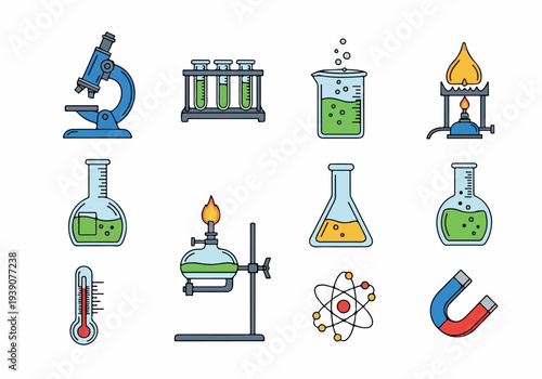 Scientific icons collection featuring laboratory equipment and symbols for experimentation and research purposes